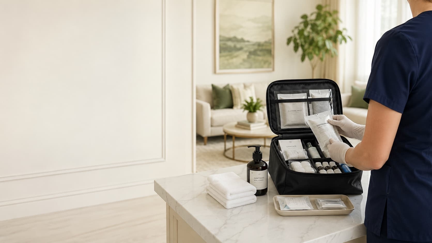 BetterSelf doctor preparing a sterile home aesthetic treatment kit in a private residence